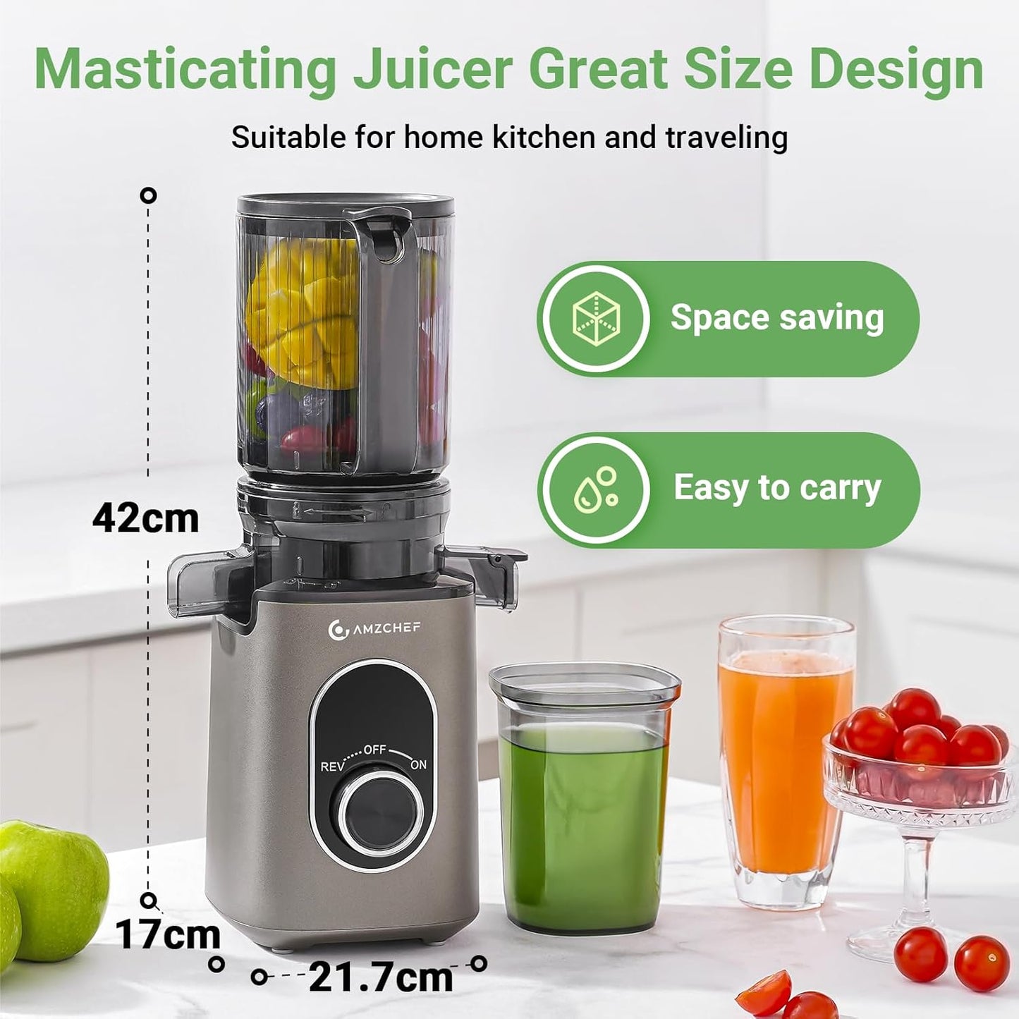 AMZCHEF Cold Press Slow Juicer with 1.5L Feeding Chute for Whole Fruit Gray DEMO