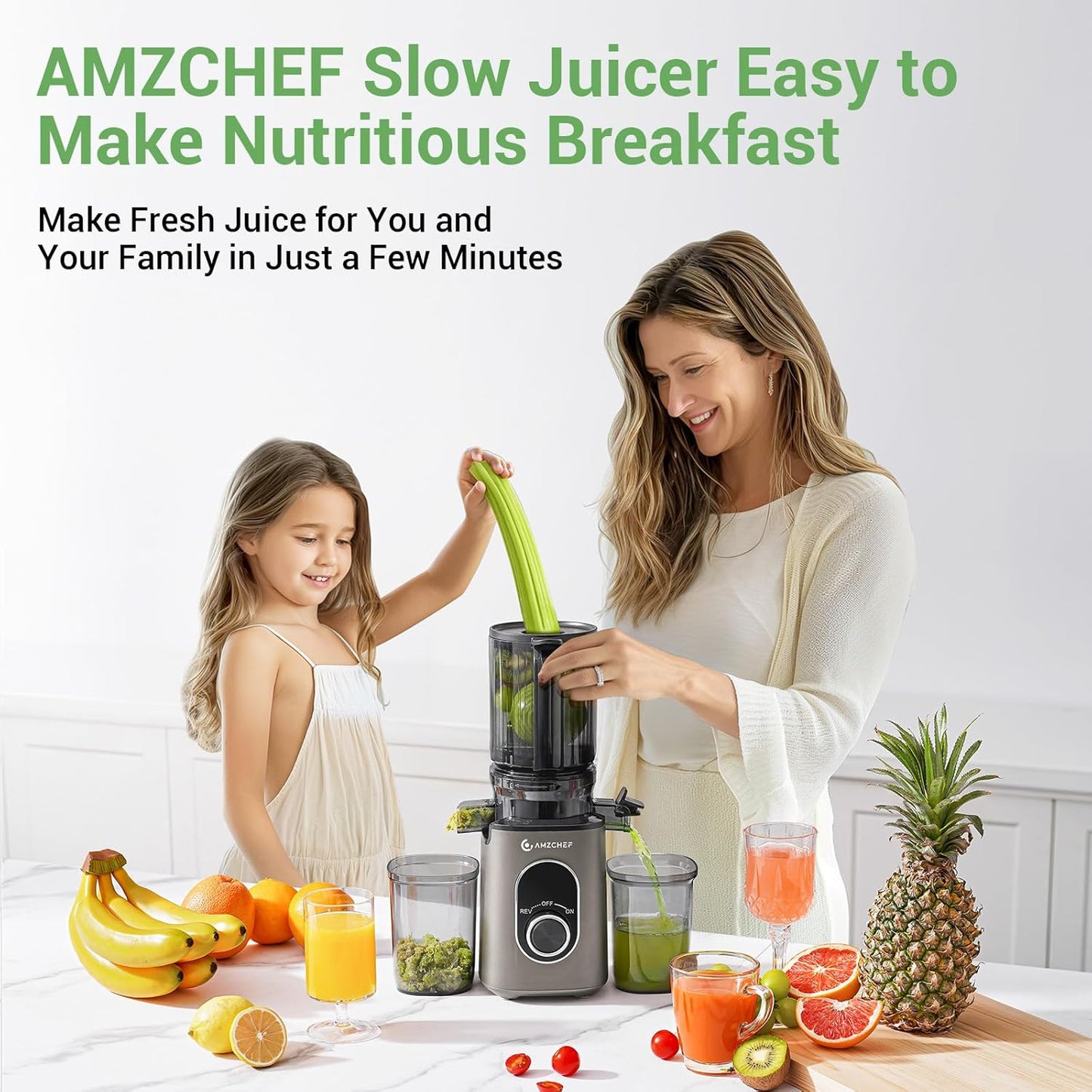 AMZCHEF Cold Press Slow Juicer with 1.5L Feeding Chute for Whole Fruit Gray DEMO
