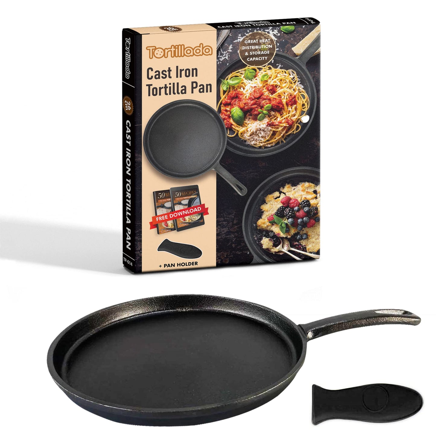 Tortillada 26cm Pre-Seasoned Cast Iron Griddle Pan with Hot Handle Holder DEMO