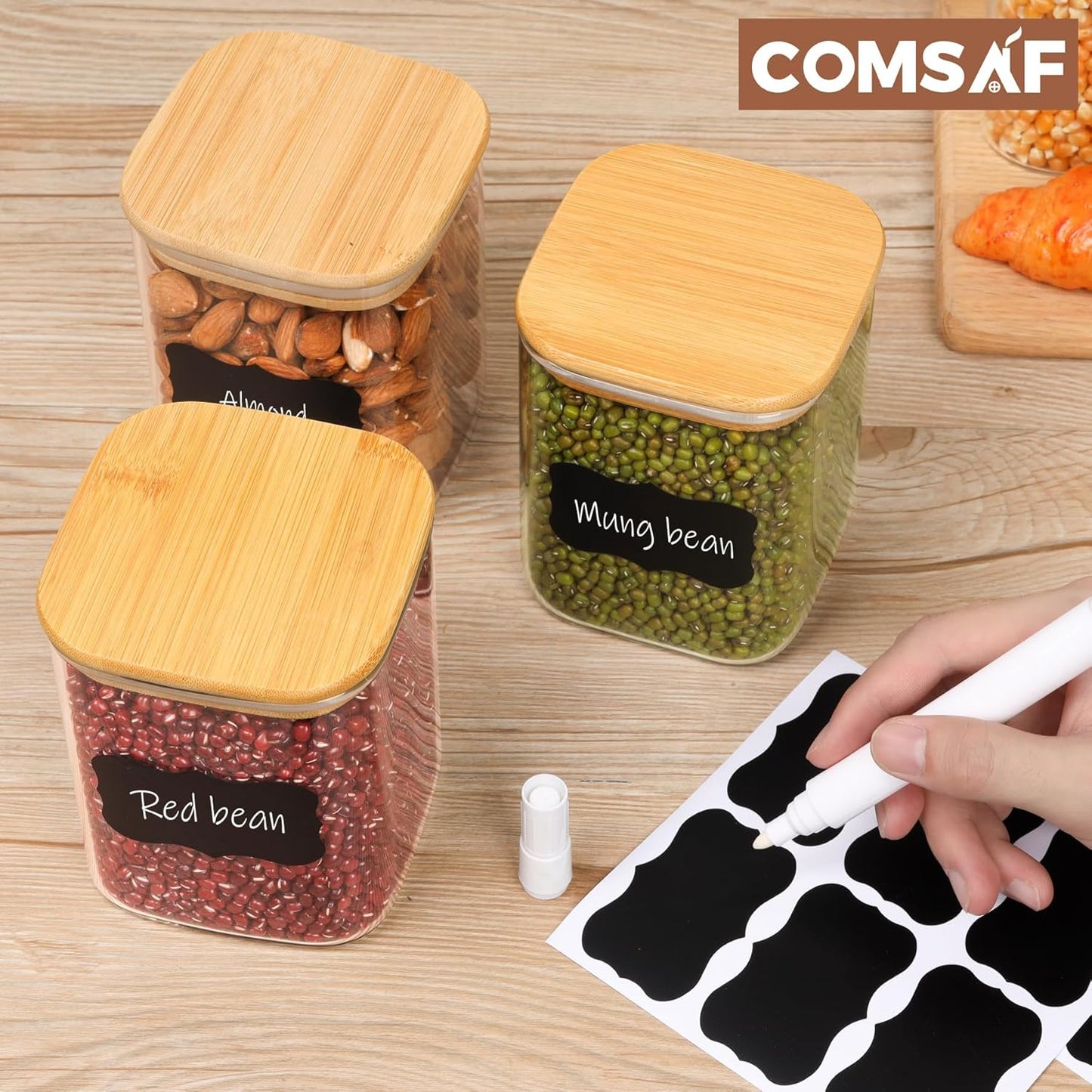 ComSaf Glass Food Storage Jars Set of 6 Airtight Containers Transparent 0.8Qt*6