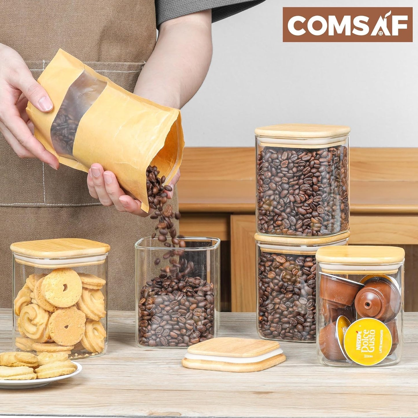 ComSaf Glass Food Storage Jars Set of 6 Airtight Containers Transparent 0.8Qt*6