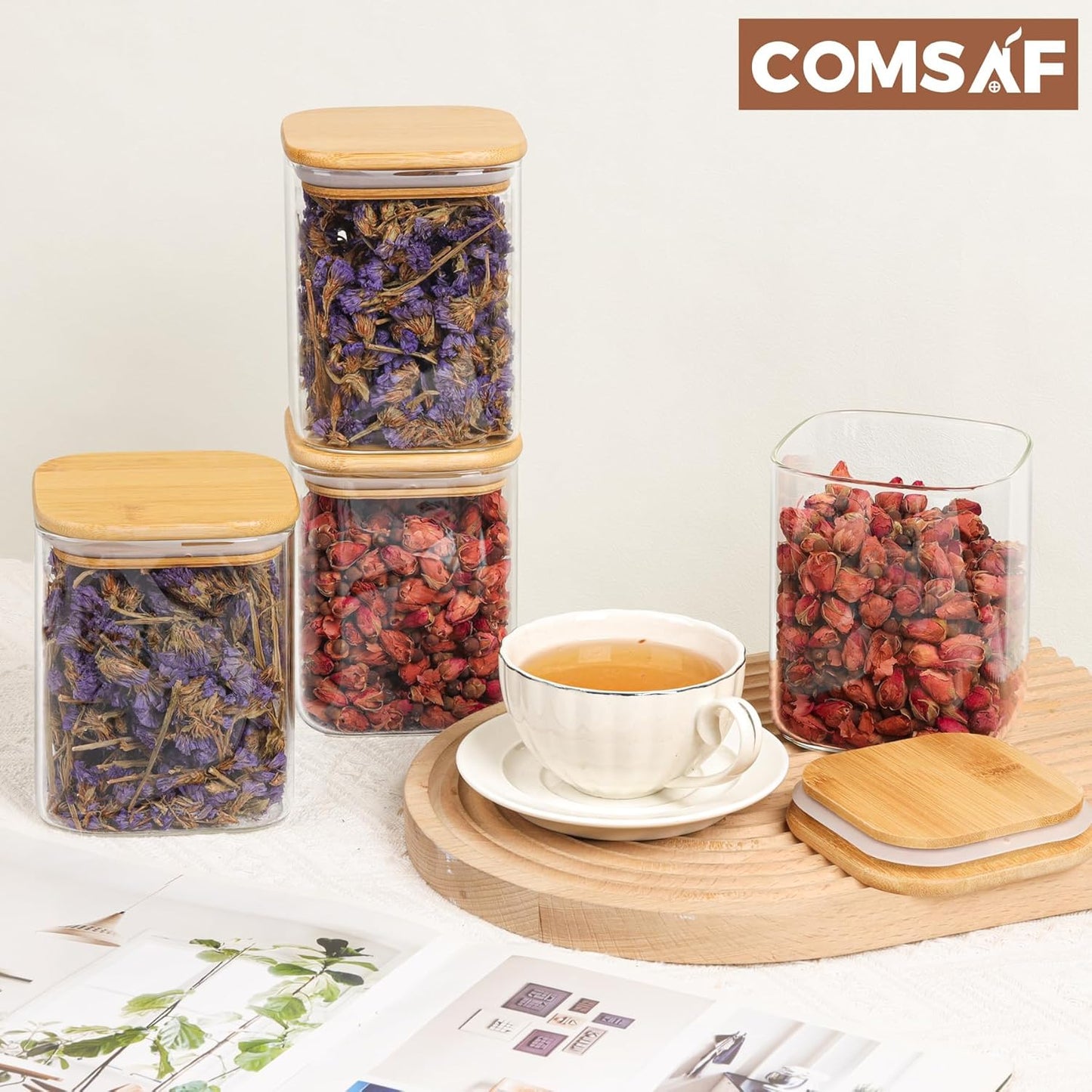ComSaf Glass Food Storage Jars Set of 6 Airtight Containers Transparent 0.8Qt*6