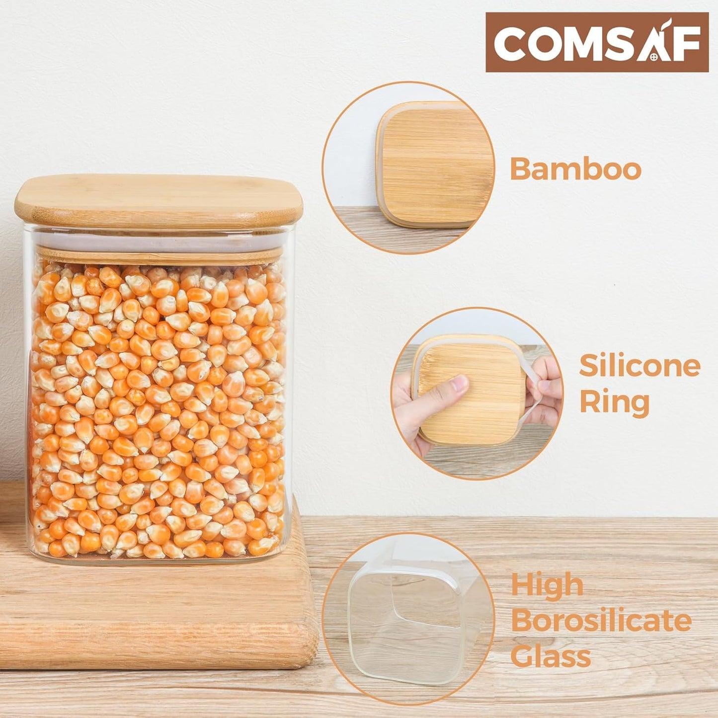 ComSaf Glass Food Storage Jars Set of 6 Airtight Containers Transparent 0.8Qt*6