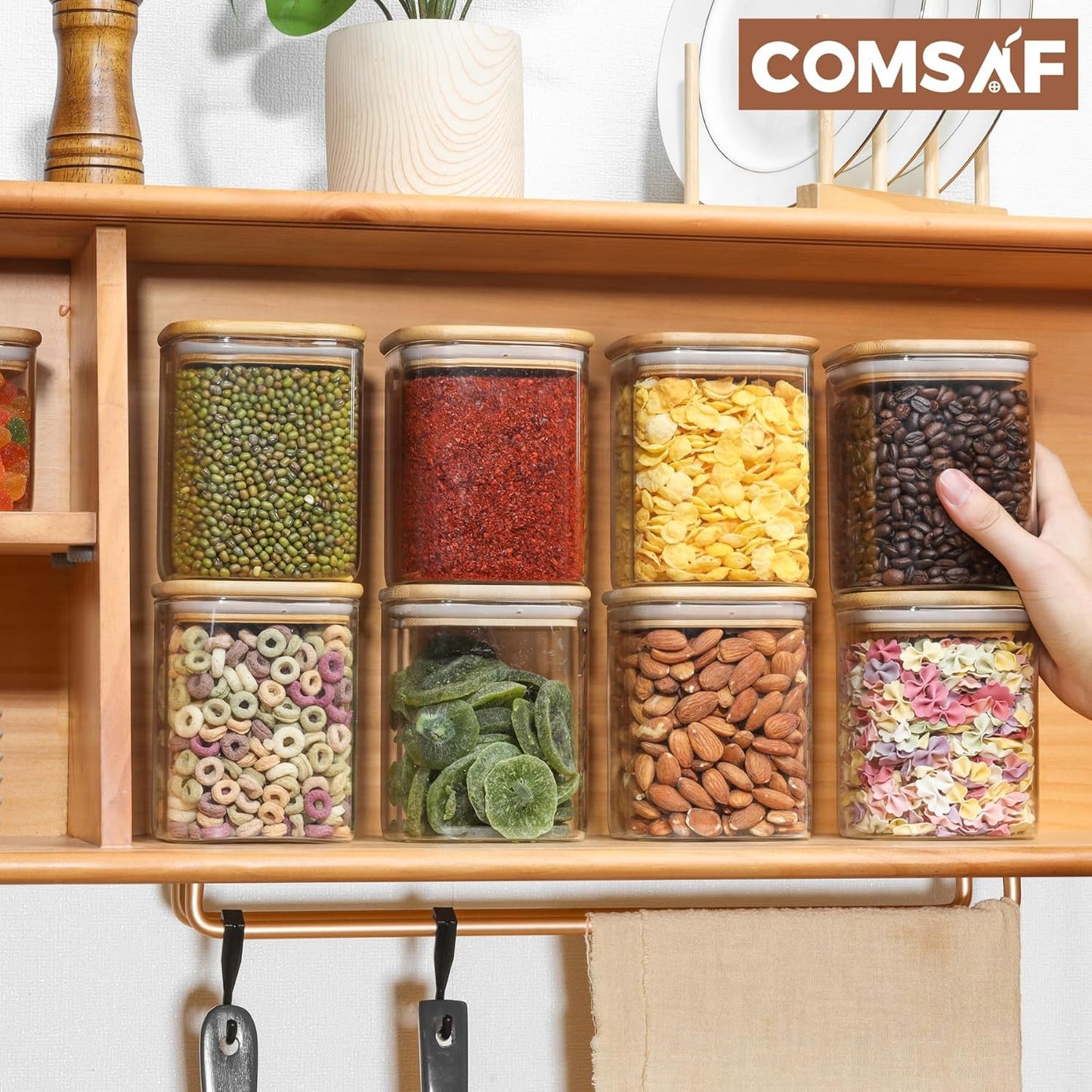ComSaf Glass Food Storage Jars Set of 6 Airtight Containers Transparent 0.8Qt*6