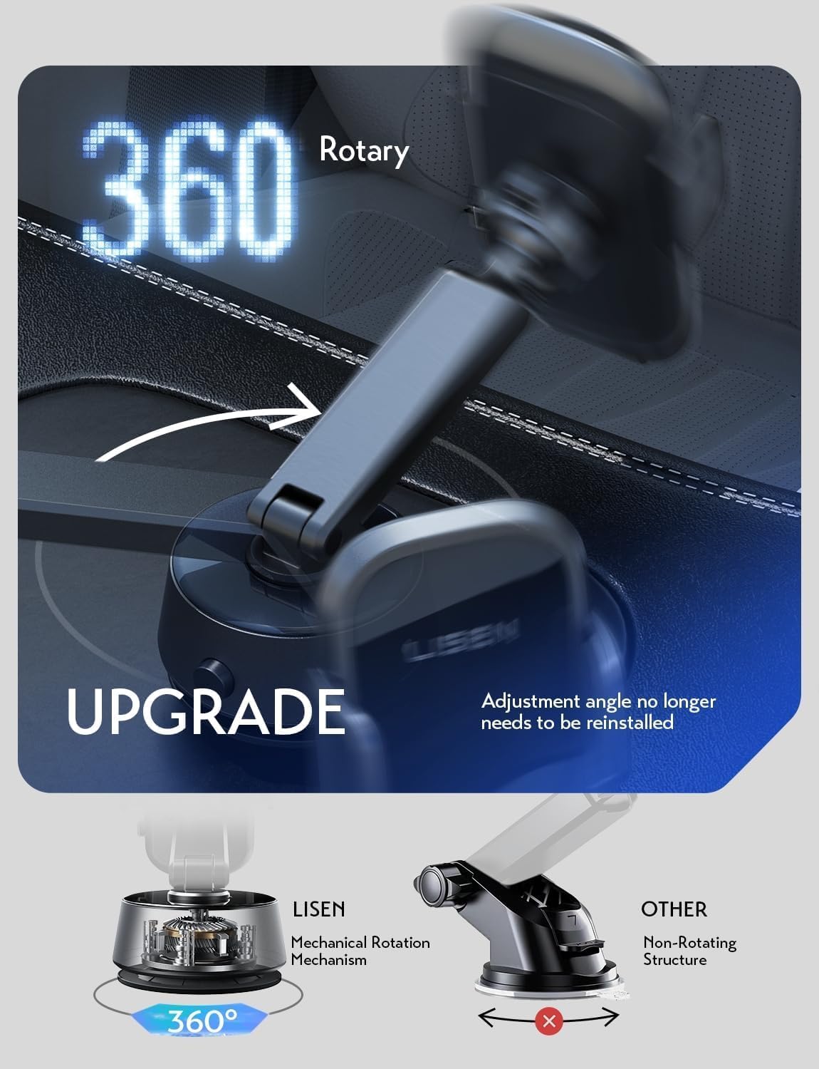 LISEN 360° Adjustable Vacuum Car Phone Holder for iPhone Dash-Mounted DEMO