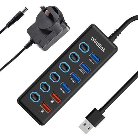 Wattlink 6-Port USB 3.0 Hub Splitter with 24W Power Adapter, Black, 70W Max DEMO