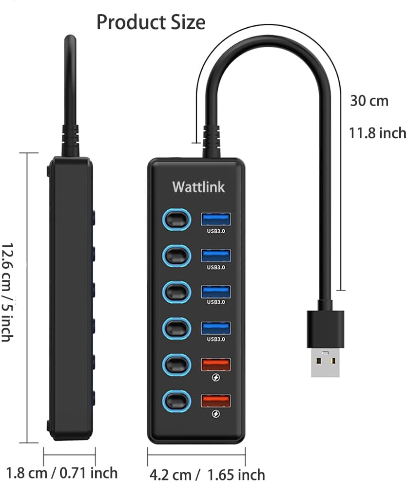 Wattlink 6-Port USB 3.0 Hub Splitter with 24W Power Adapter, Black, 70W Max DEMO