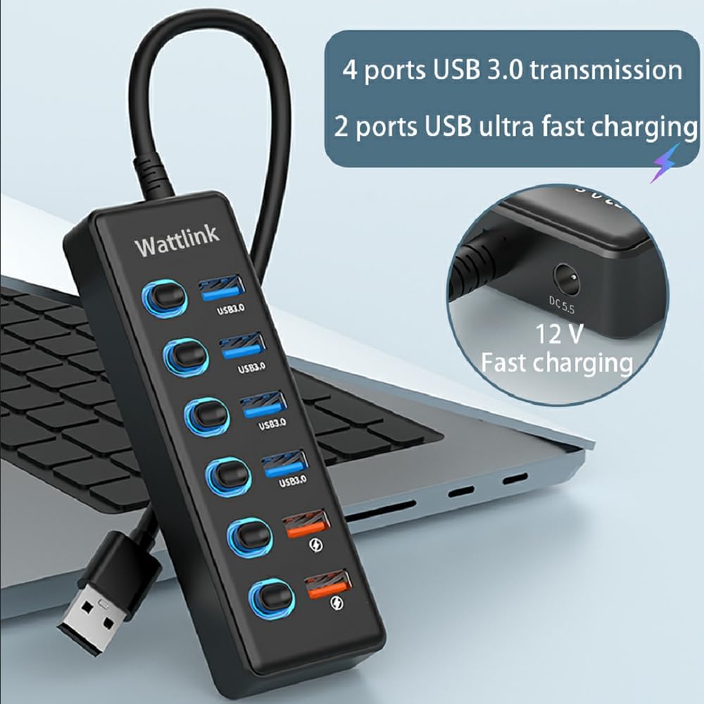 Wattlink 6-Port USB 3.0 Hub Splitter with 24W Power Adapter, Black, 70W Max DEMO