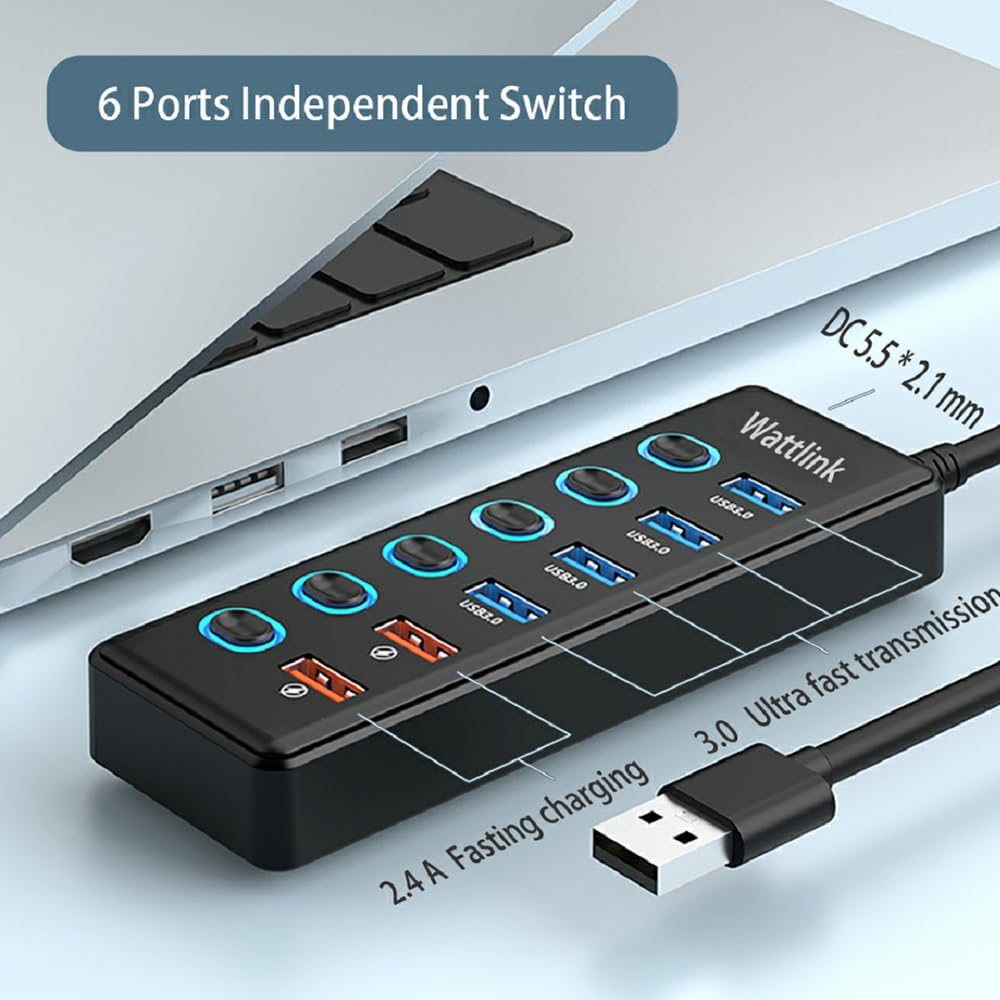 Wattlink 6-Port USB 3.0 Hub Splitter with 24W Power Adapter, Black, 70W Max DEMO