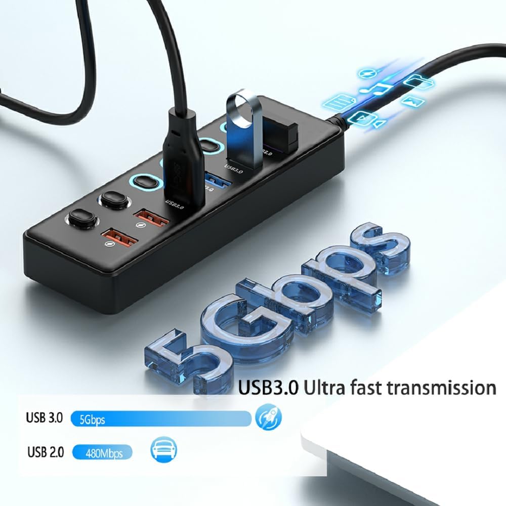 Wattlink 6-Port USB 3.0 Hub Splitter with 24W Power Adapter, Black, 70W Max DEMO