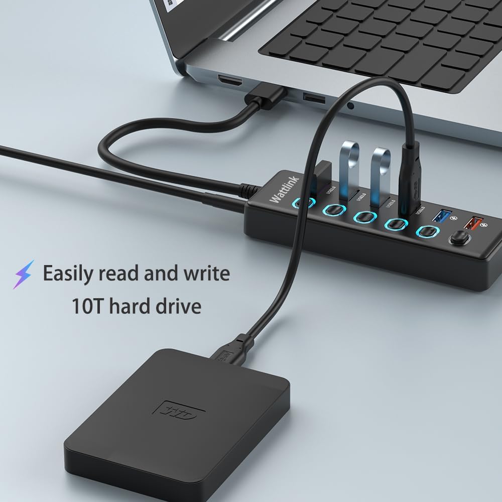Wattlink 6-Port USB 3.0 Hub Splitter with 24W Power Adapter, Black, 70W Max DEMO