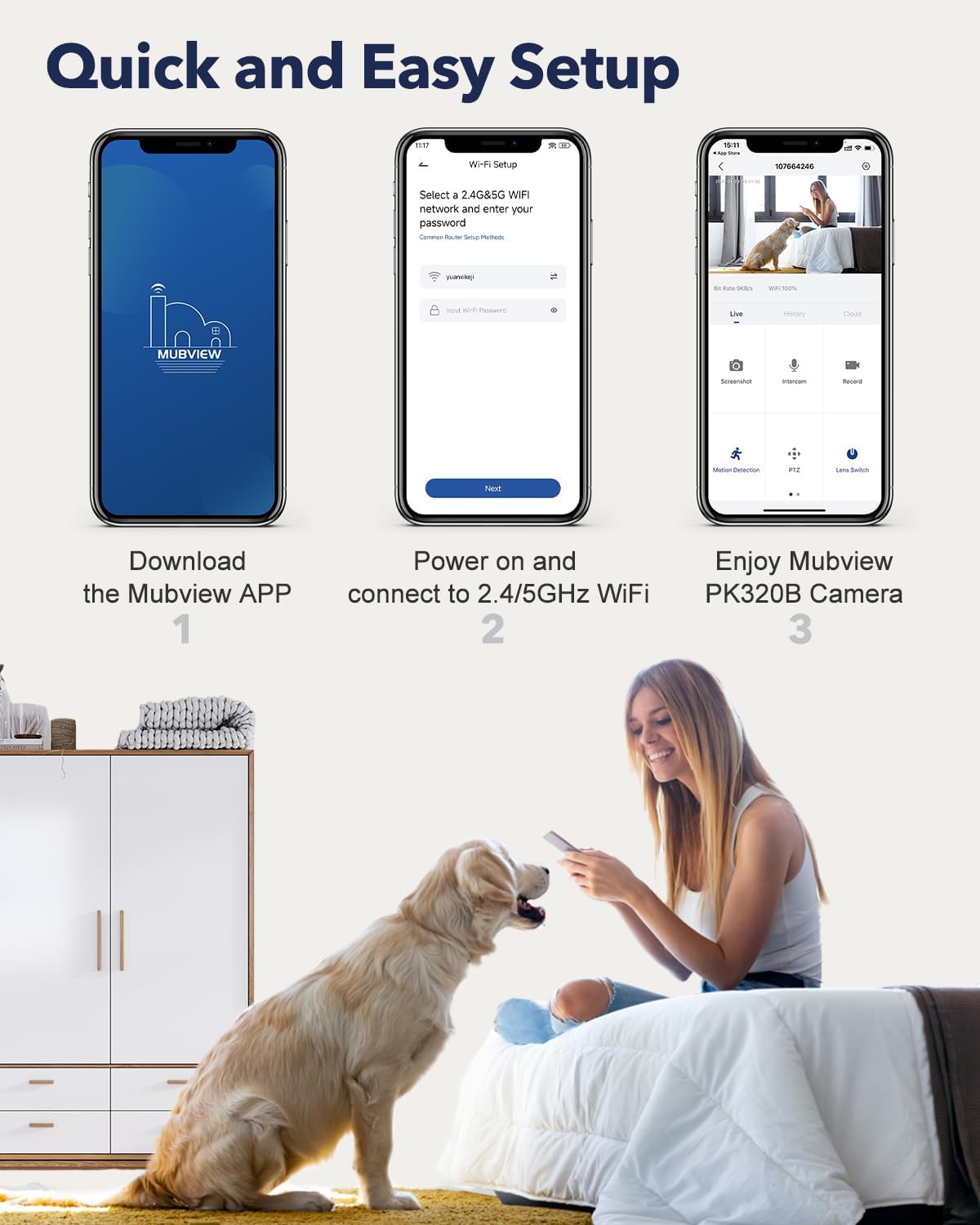 MUBVIEW Pet Camera with Phone App Indoor Security 2.4/5GHz WiFi 4 Pack DEMO