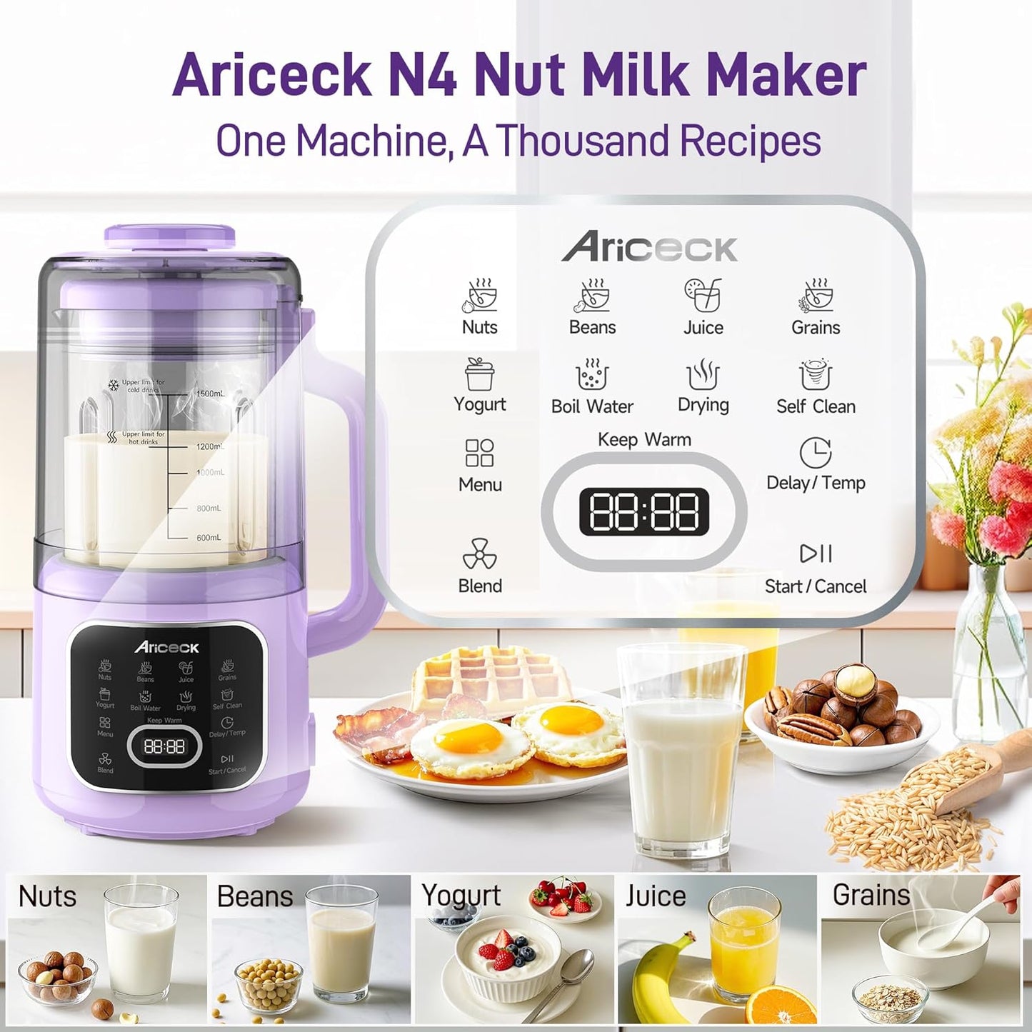 Ariceck Automatic Plant-Based Milk Maker 1500ML Jug Blender, Purple, DEMO