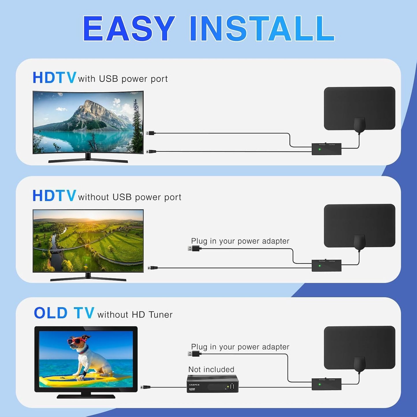 EXQUILLET Indoor TV Antenna with Adjustable Signal Booster and 5M Cable DEMO