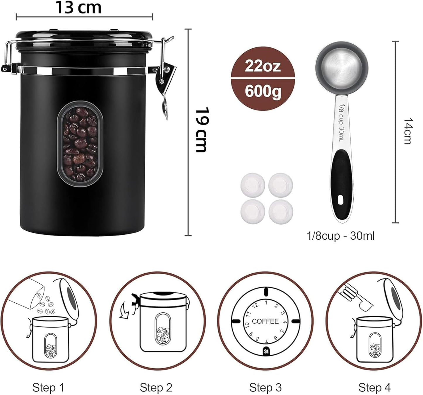 EZKOXAH Airtight Coffee Beans Canister Stainless Steel Container Size M DEMO