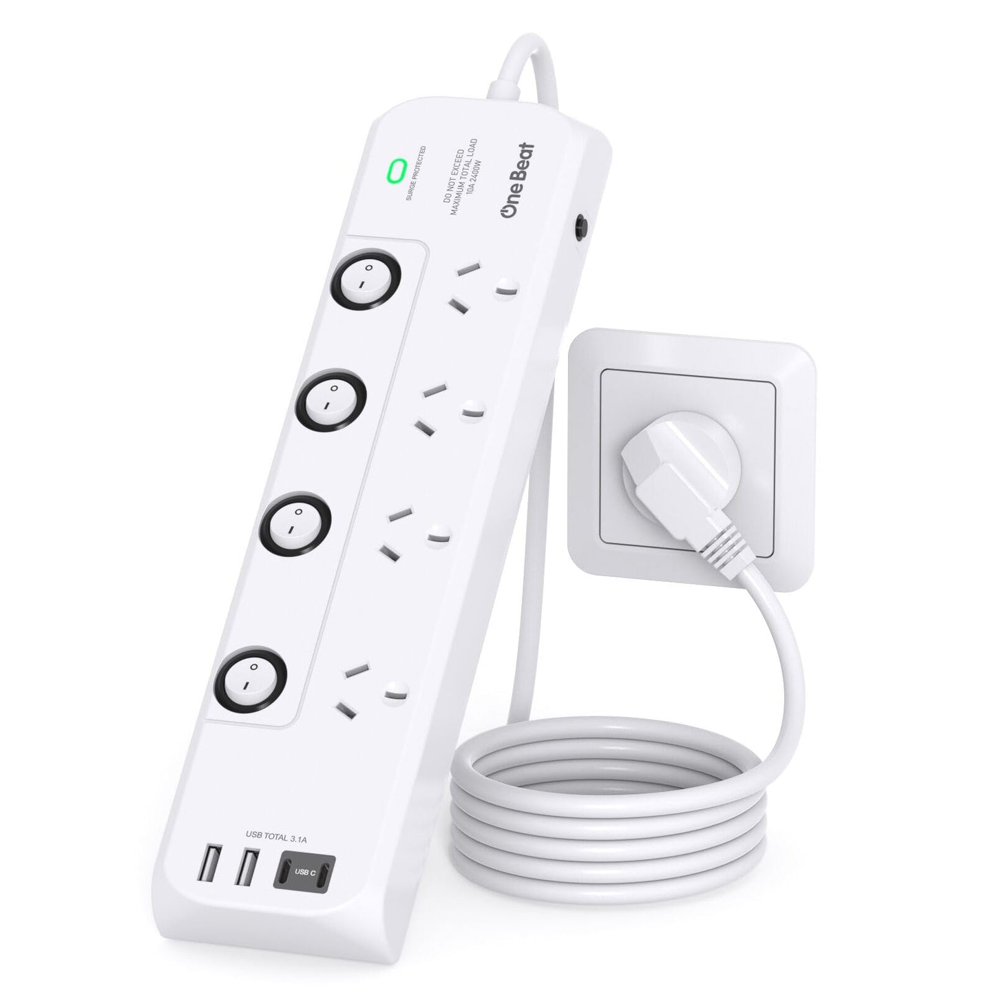 One Beat White Power Strip Surge Protector with 4 Outlets and Individual DEMO