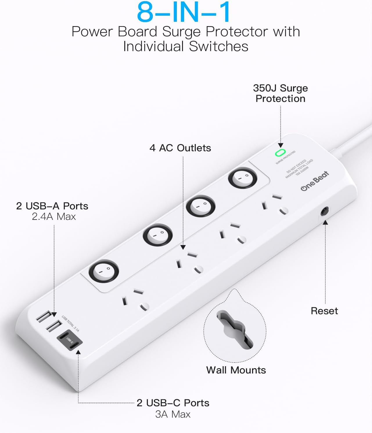 One Beat White Power Strip Surge Protector with 4 Outlets and Individual DEMO