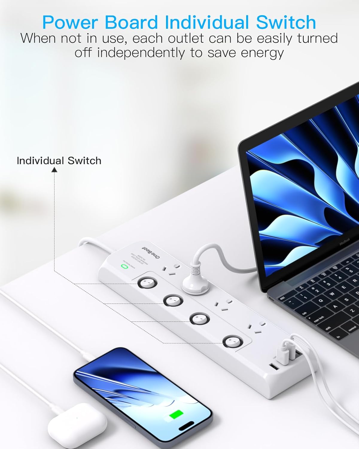 One Beat White Power Strip Surge Protector with 4 Outlets and Individual DEMO