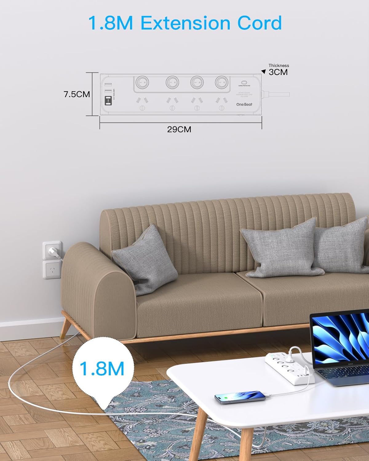 One Beat White Power Strip Surge Protector with 4 Outlets and Individual DEMO