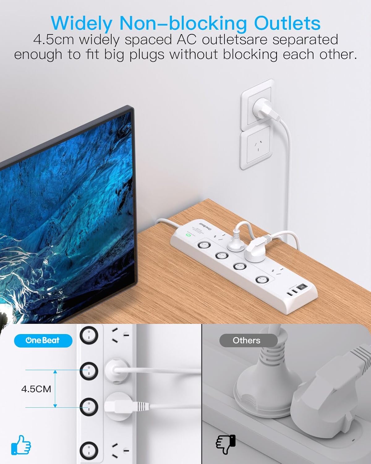 One Beat White Power Strip Surge Protector with 4 Outlets and Individual DEMO