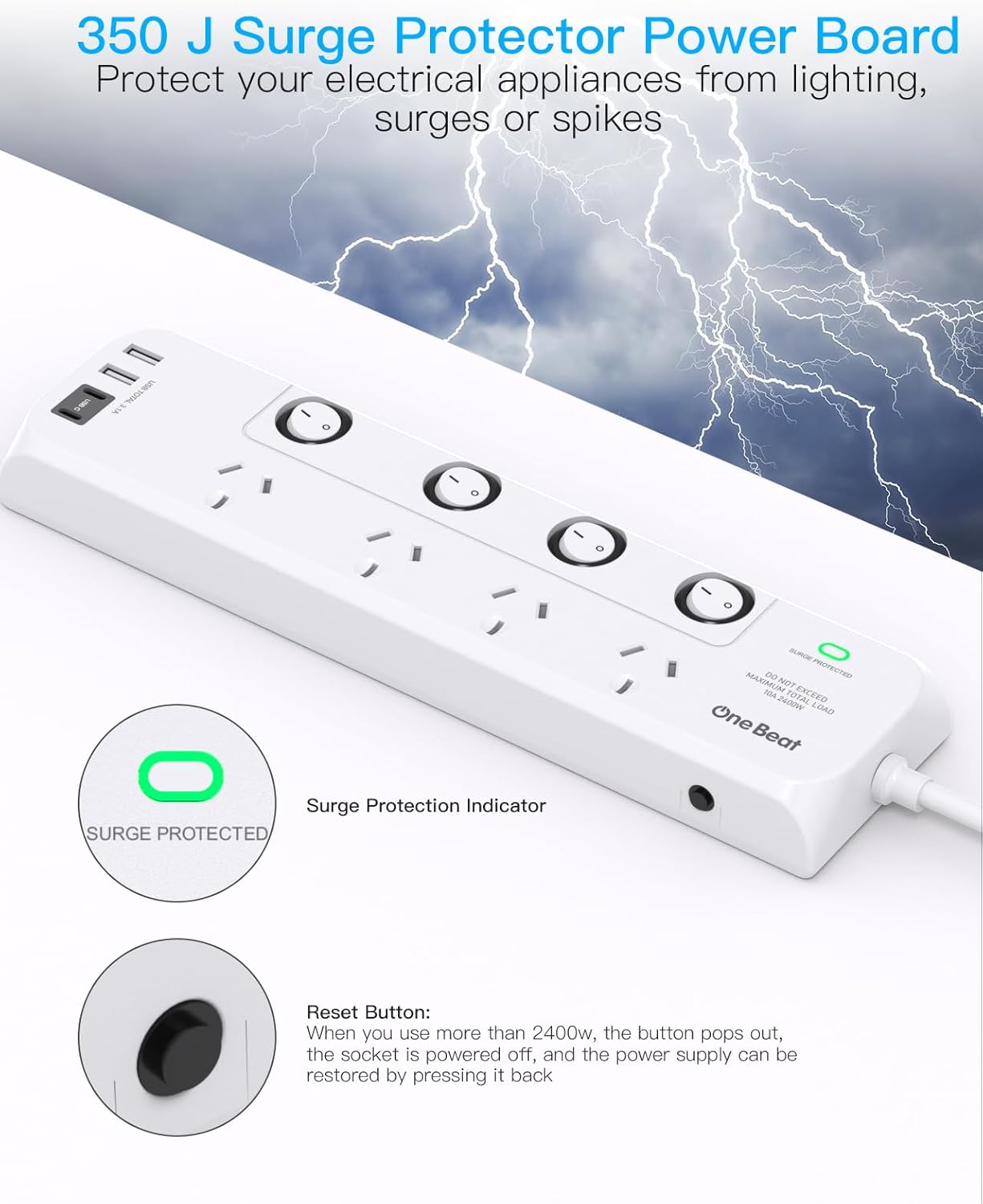 One Beat White Power Strip Surge Protector with 4 Outlets and Individual DEMO