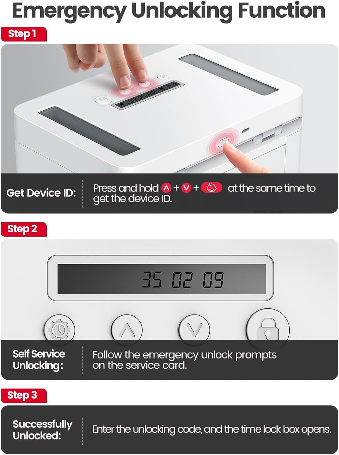 VAYDEER Metal Time Lock Box with Timer Locking Safe Storage Self-Contained DEMO