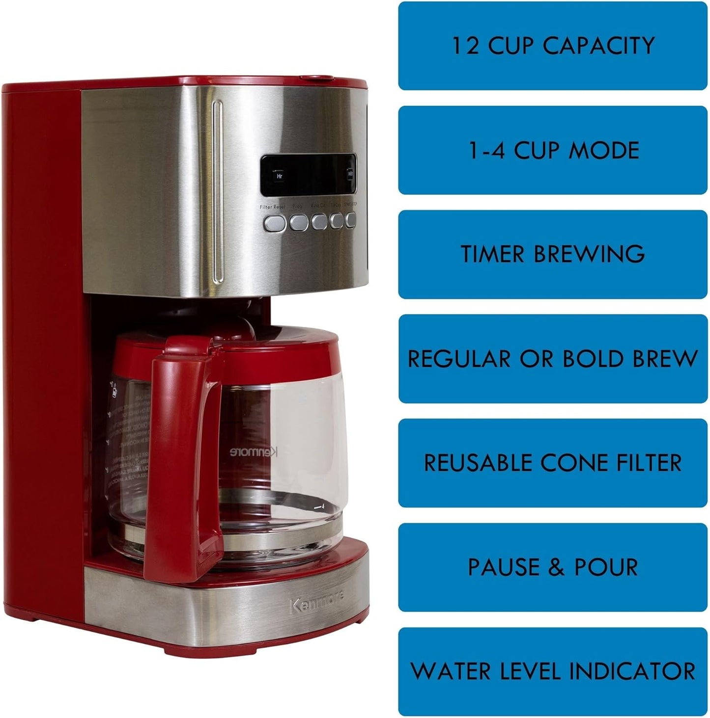 Koolatron 12-Cup Programmable Drip Coffee Maker, Red, Automatic Brew, DEMO