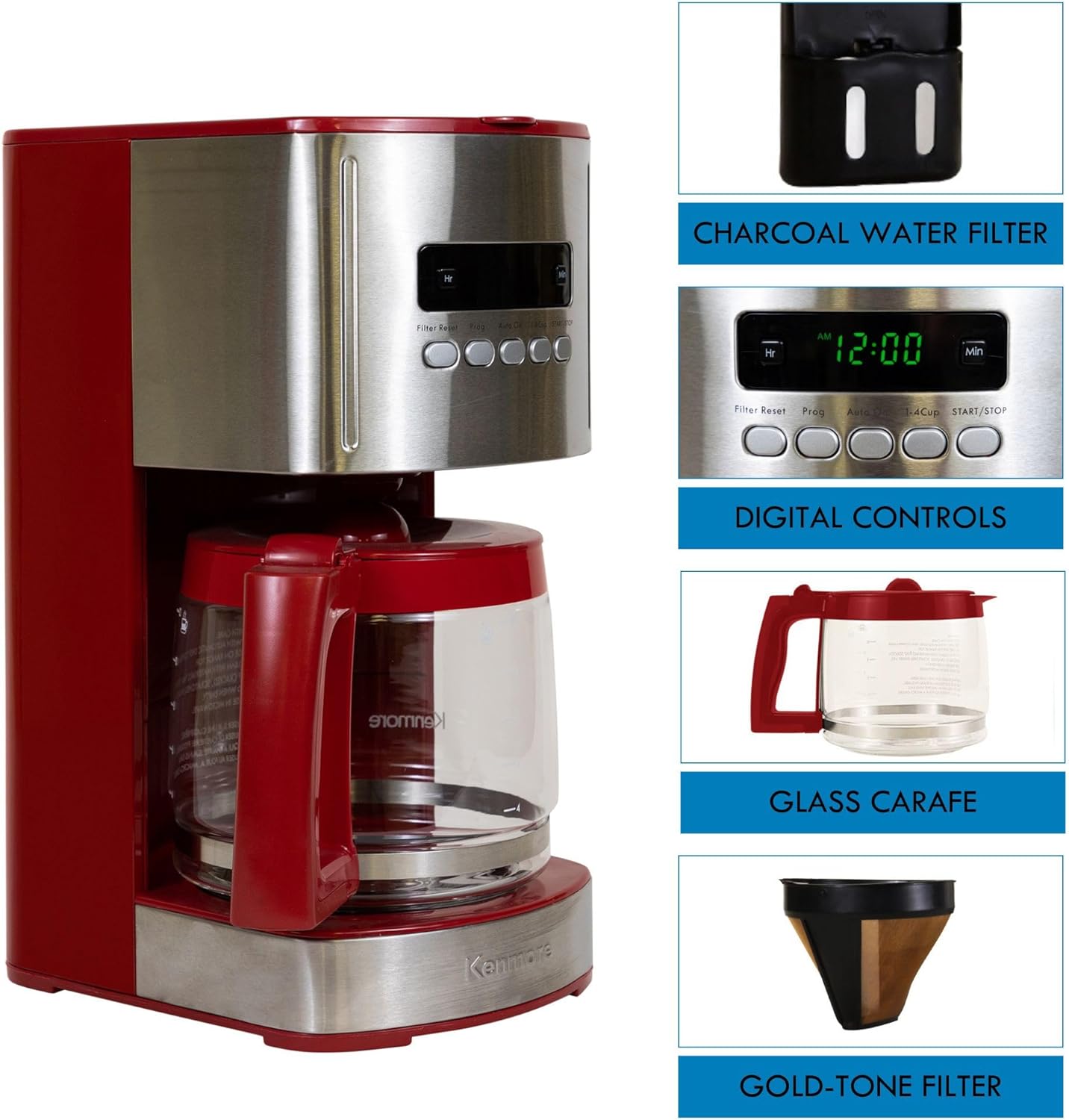 Koolatron 12-Cup Programmable Drip Coffee Maker, Red, Automatic Brew, DEMO