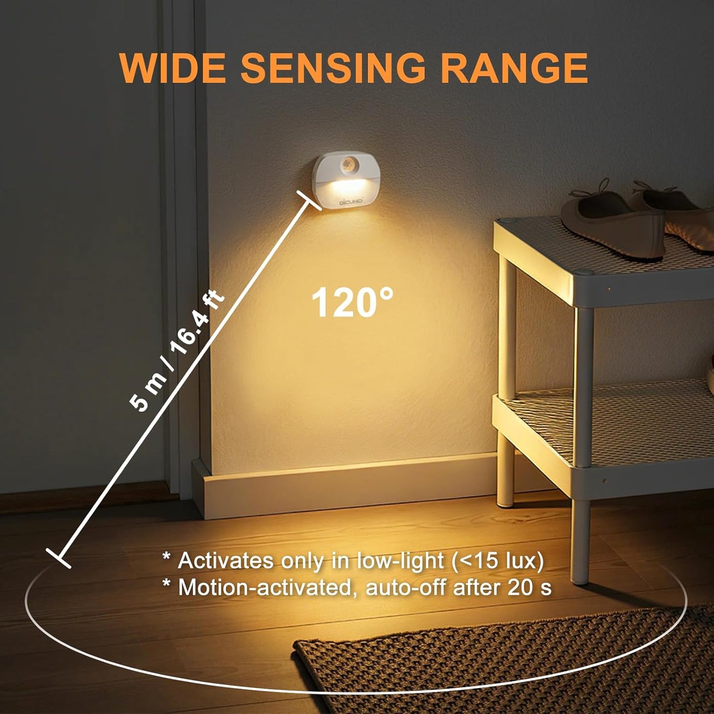 DiCUNO Motion Sensor Night Light Stick-On Dusk to Dawn Warm White LED DEMO