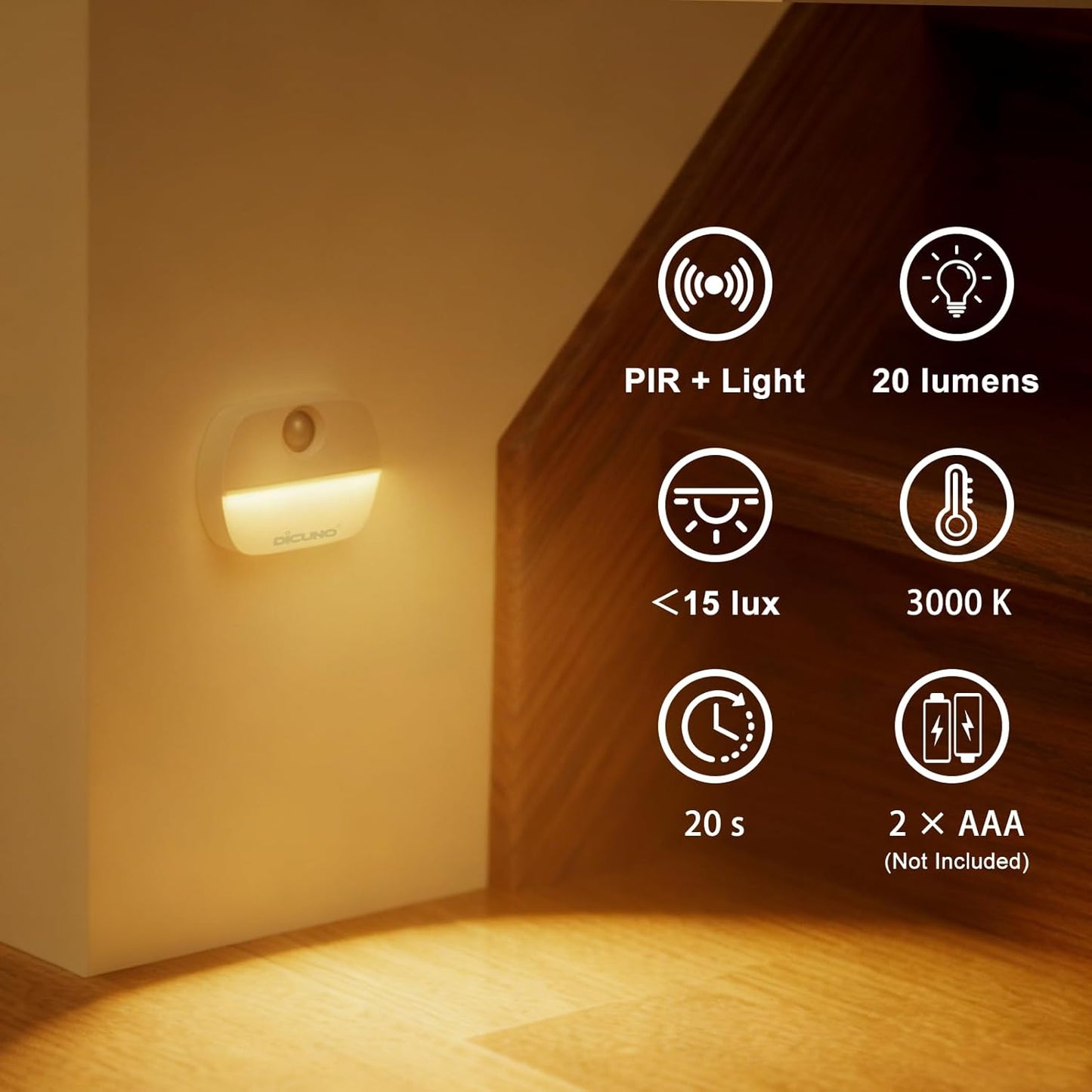 DiCUNO Motion Sensor Night Light Stick-On Dusk to Dawn Warm White LED DEMO