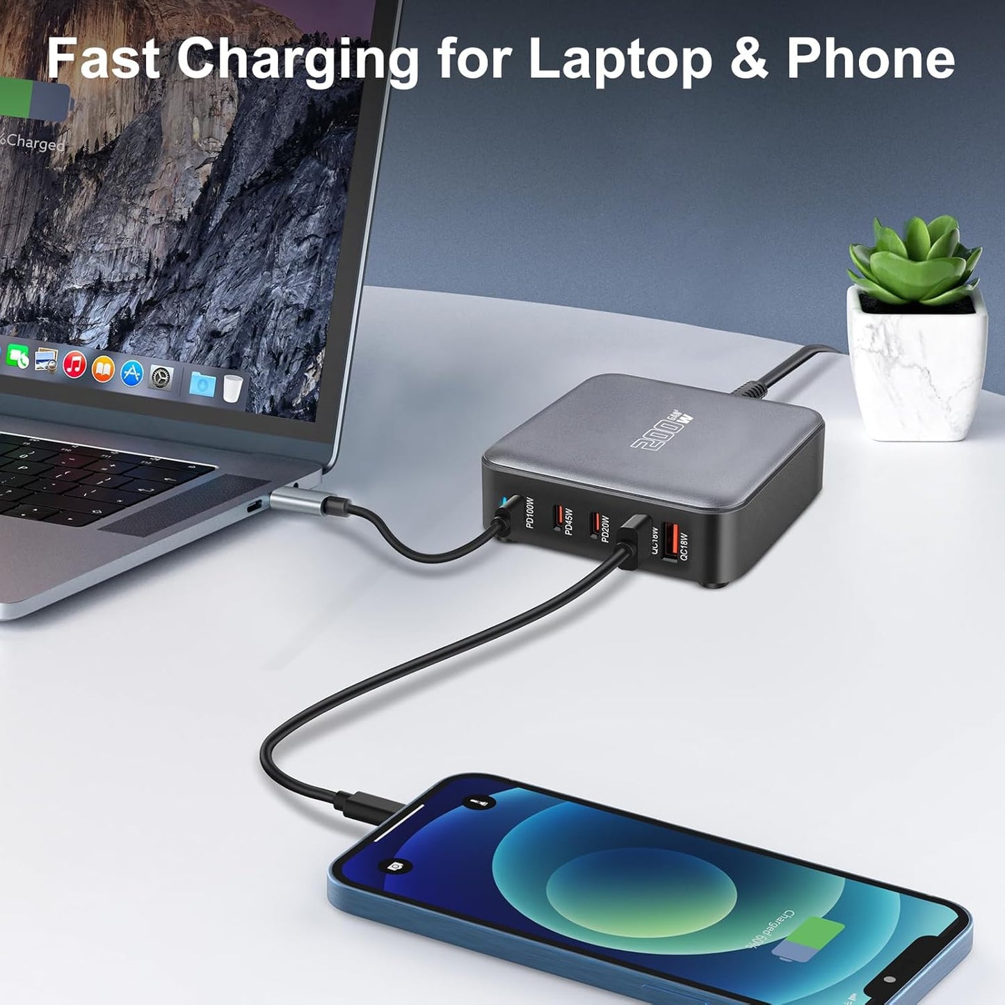 XIKAYADA 200W USB C Fast Charging Station 5-Port GaN Charger Block Black DEMO