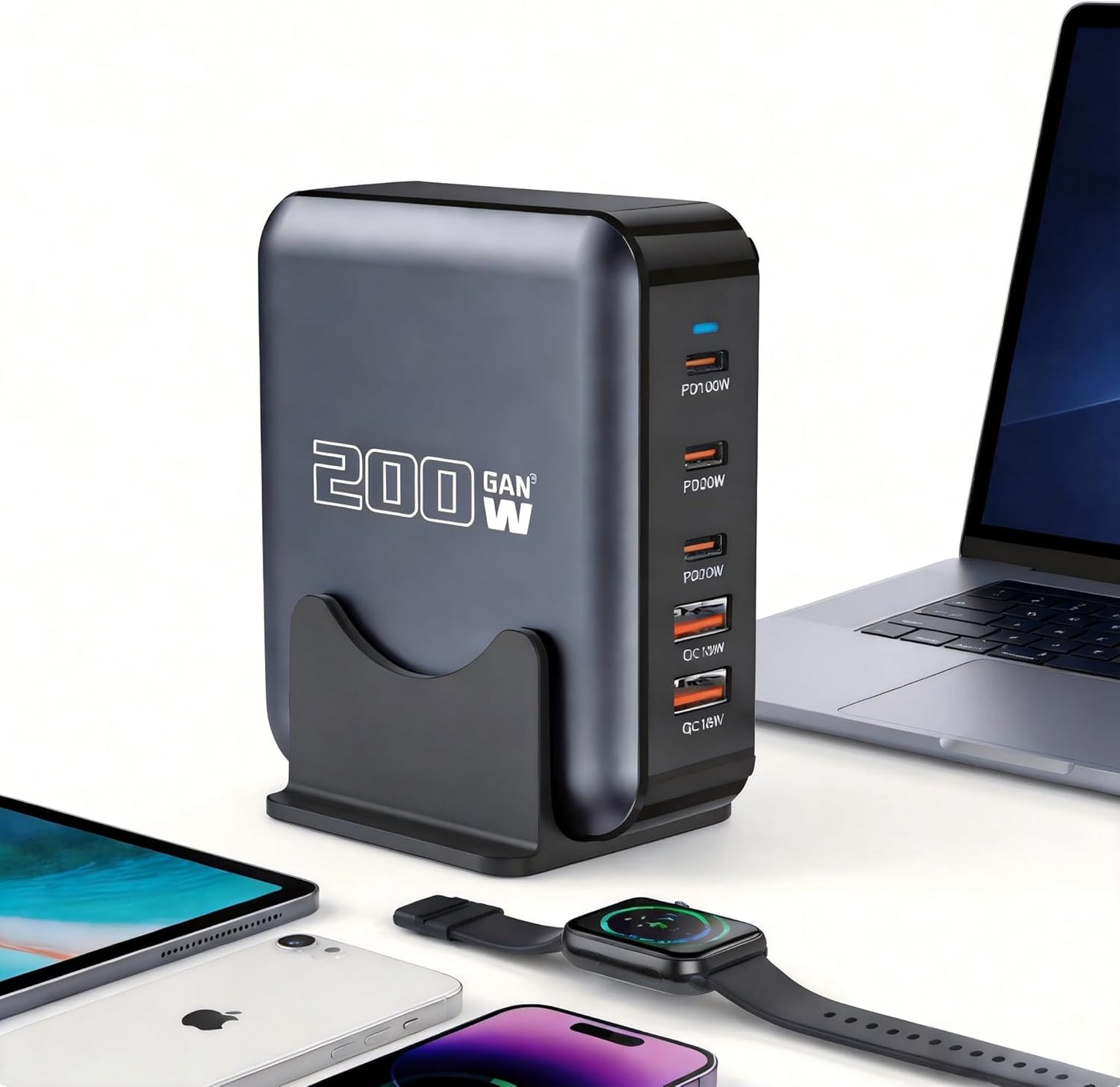 XIKAYADA 200W USB C Fast Charging Station 5-Port GaN Charger Block Black DEMO