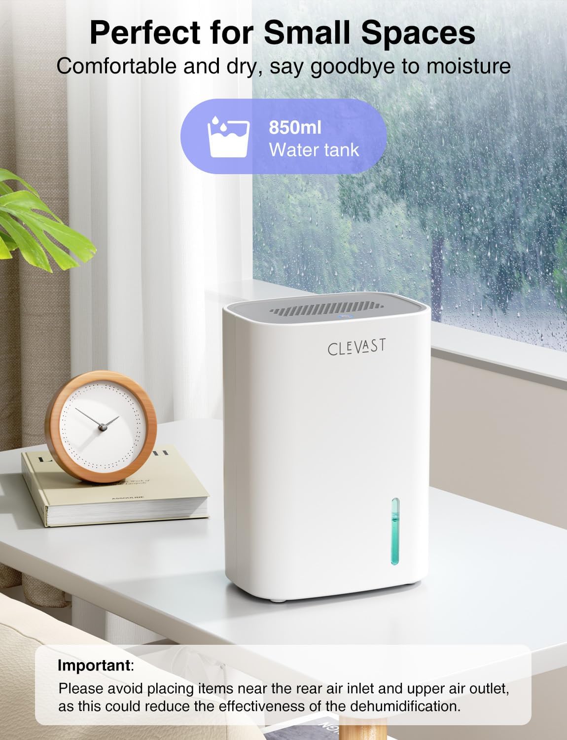 CLEVAST Small Quiet Dehumidifier for Home 900ml Mini Dehumidifiers Bedroom DEMO