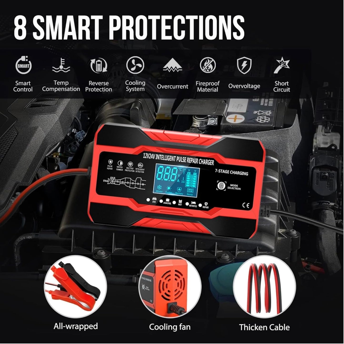 AILRINNI 10-Amp Smart Car Battery Charger Trickle Maintainer with DEMO