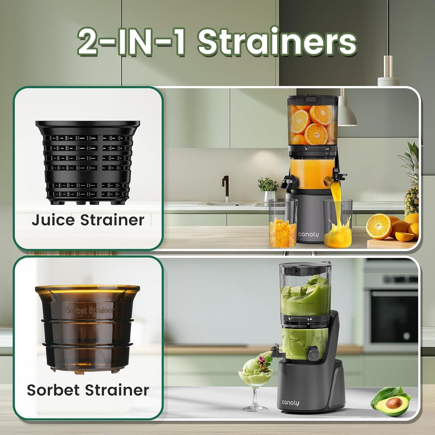 Canoly Juicer Machines 150mm Big Chute 3-in-1 Strainers Powerful AC DEMO
