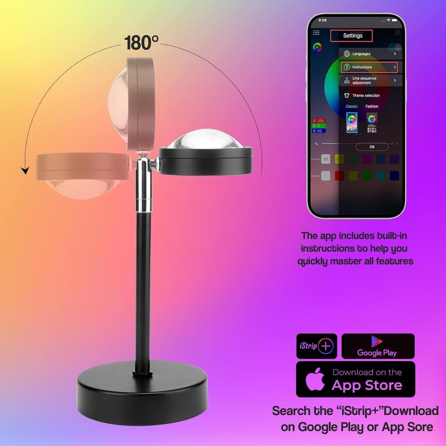 LEKEONE 16 Colors Changing Sunset Lamp Projector APP Control Night Light DEMO