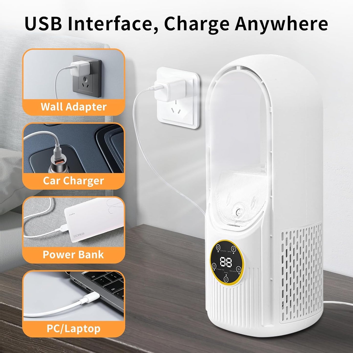 oolong Bladeless Desk Fan USB Rechargeable 6-Speed Quiet Personal Size 30 DEMO