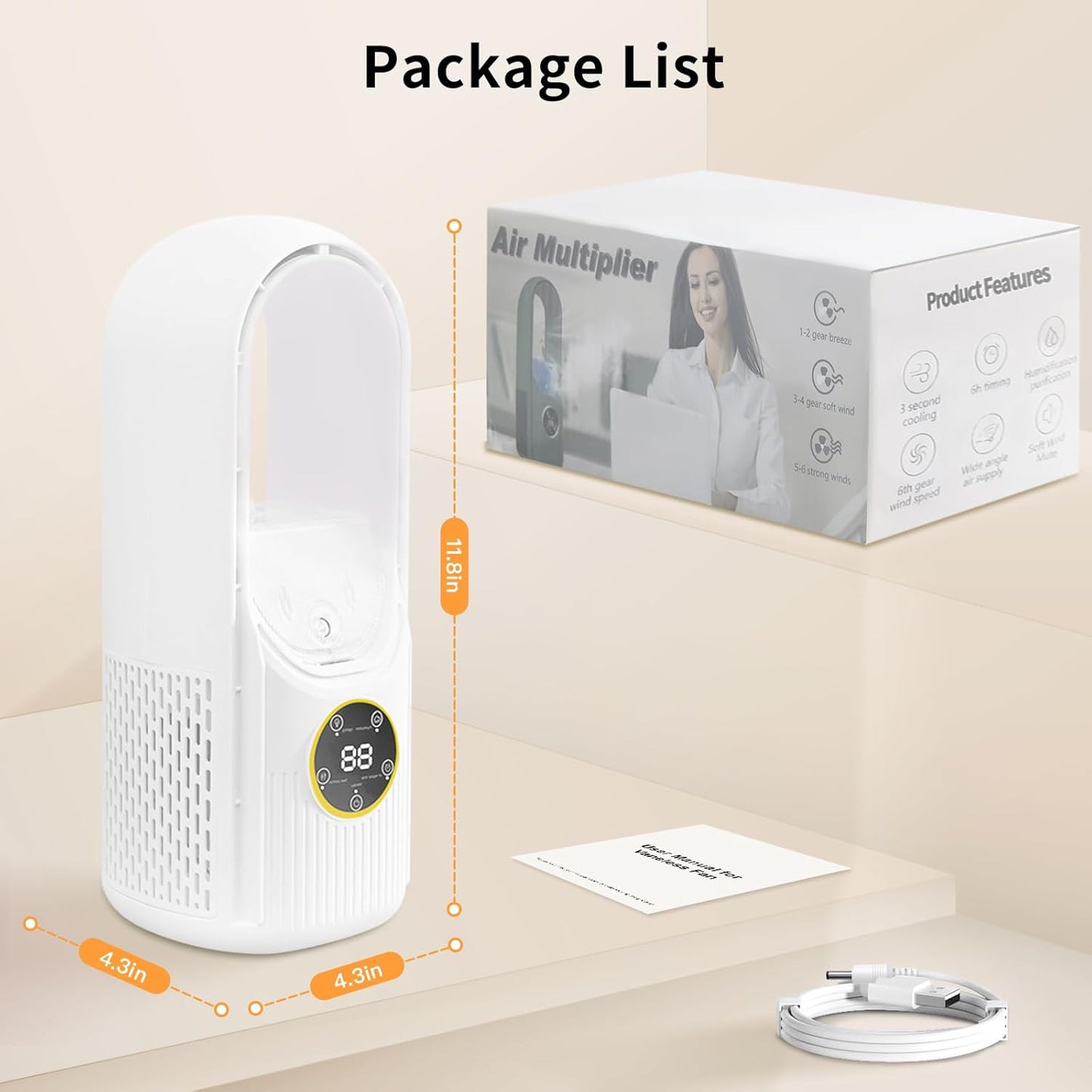 oolong Bladeless Desk Fan USB Rechargeable 6-Speed Quiet Personal Size 30 DEMO