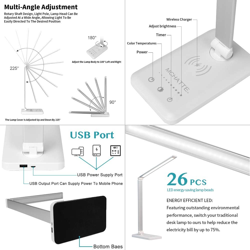 MCHATTE Dimmable LED Desk Lamp with Wireless Charging Pad & Eye-Care Design DEMO