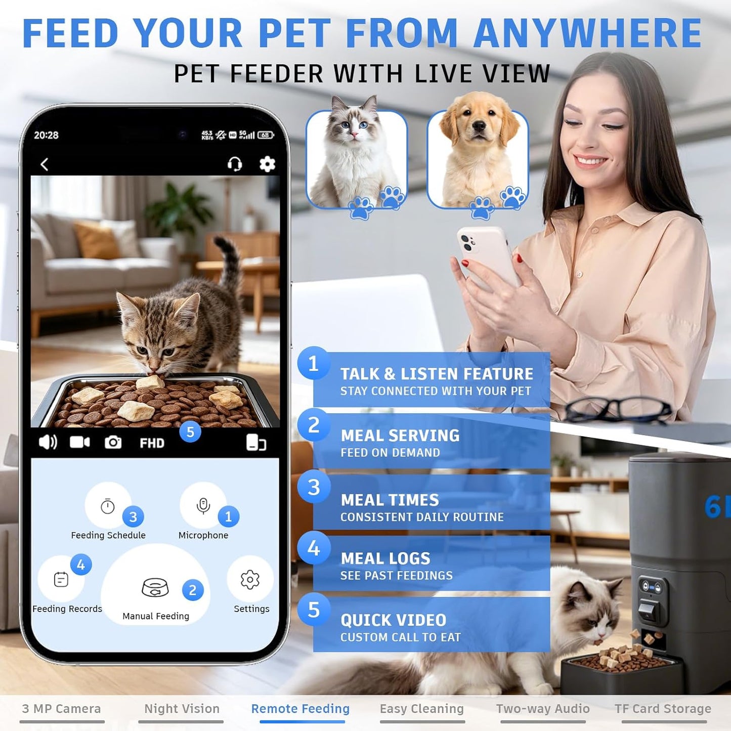 ALUCKKEY Automatic Pet Feeder with Camera 6L Smart Dog Cat Dual Power DEMO