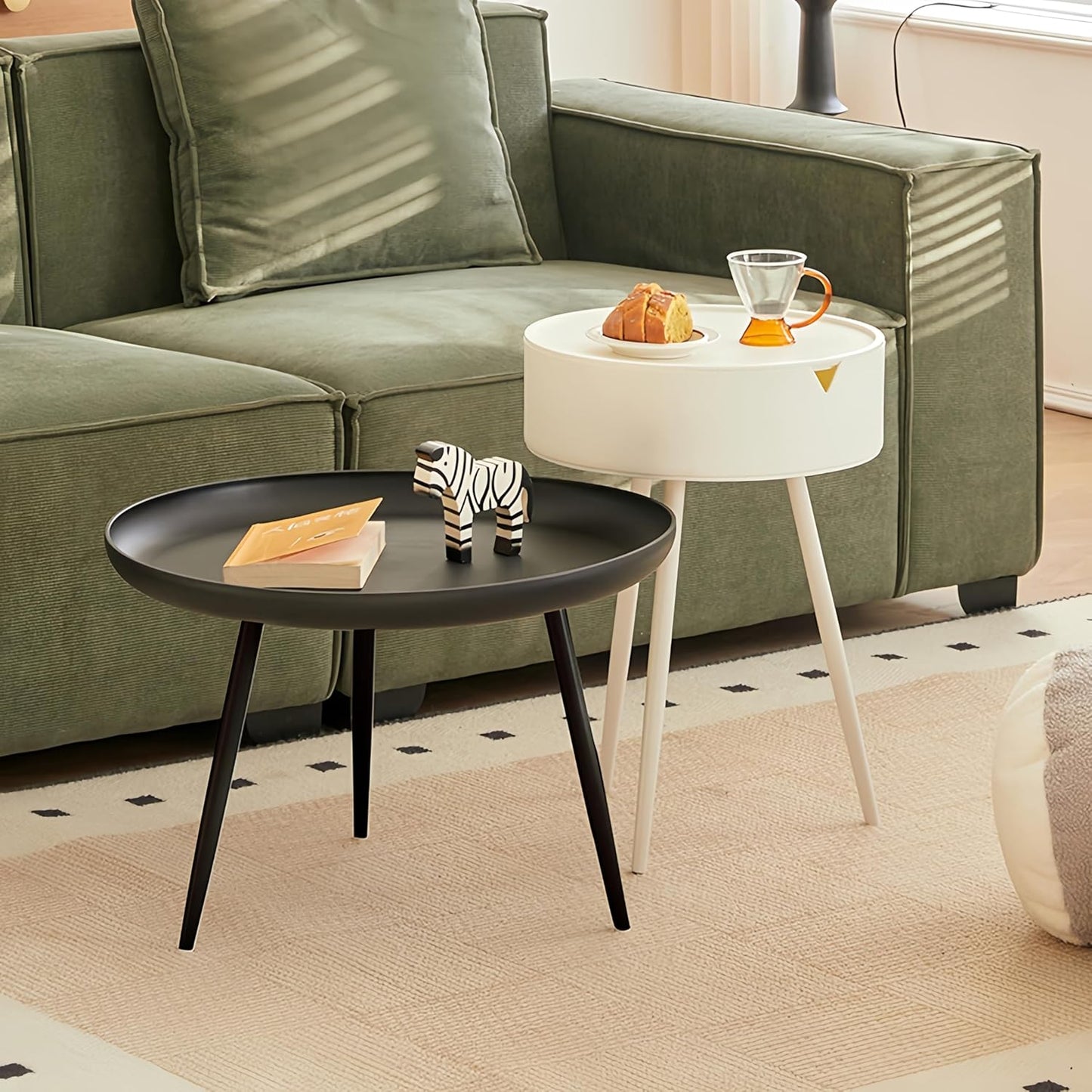 XICEN Round End Table with Storage Modern Small Side White 40cm x 55cm DEMO