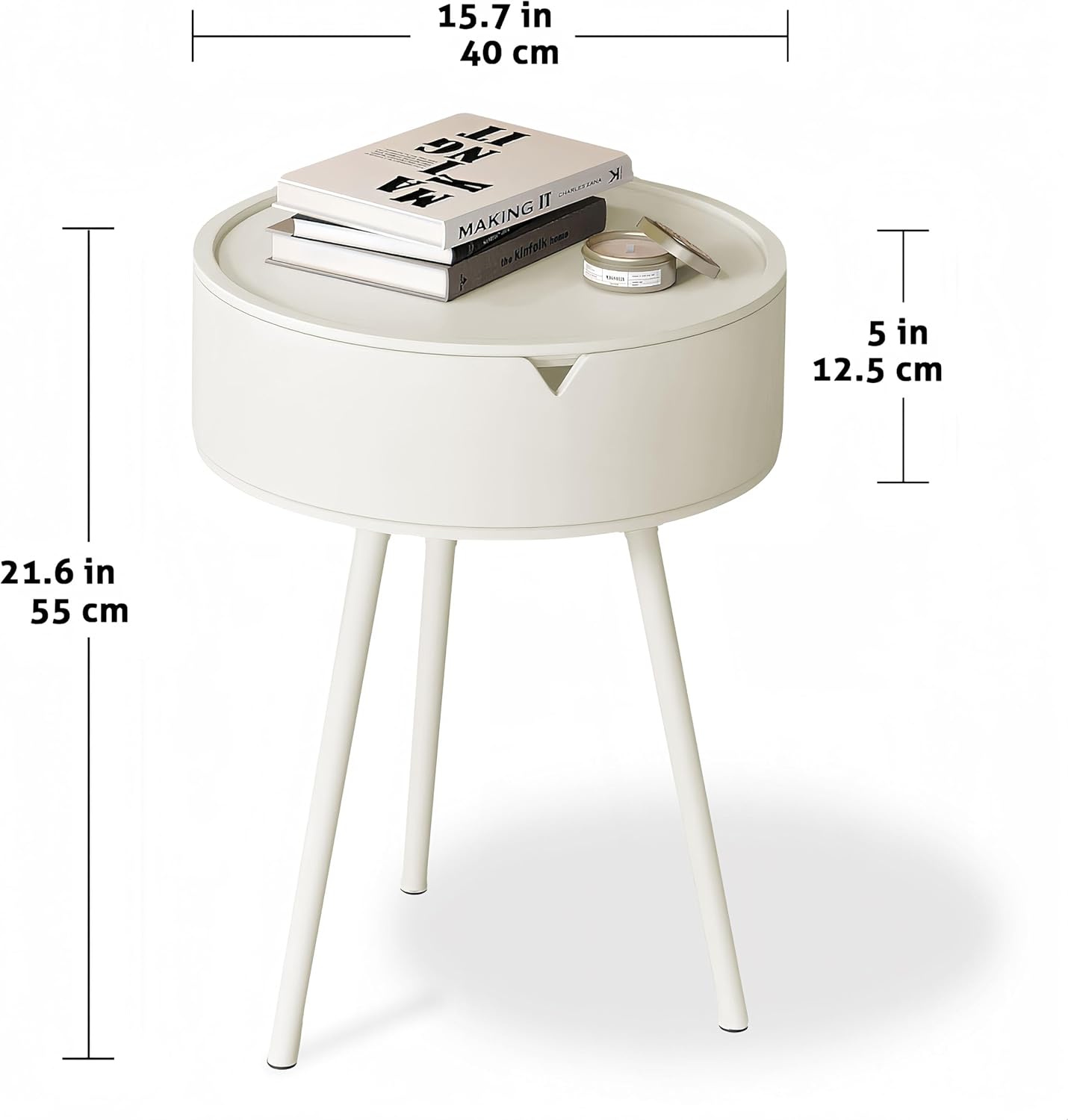 XICEN Round End Table with Storage Modern Small Side White 40cm x 55cm DEMO