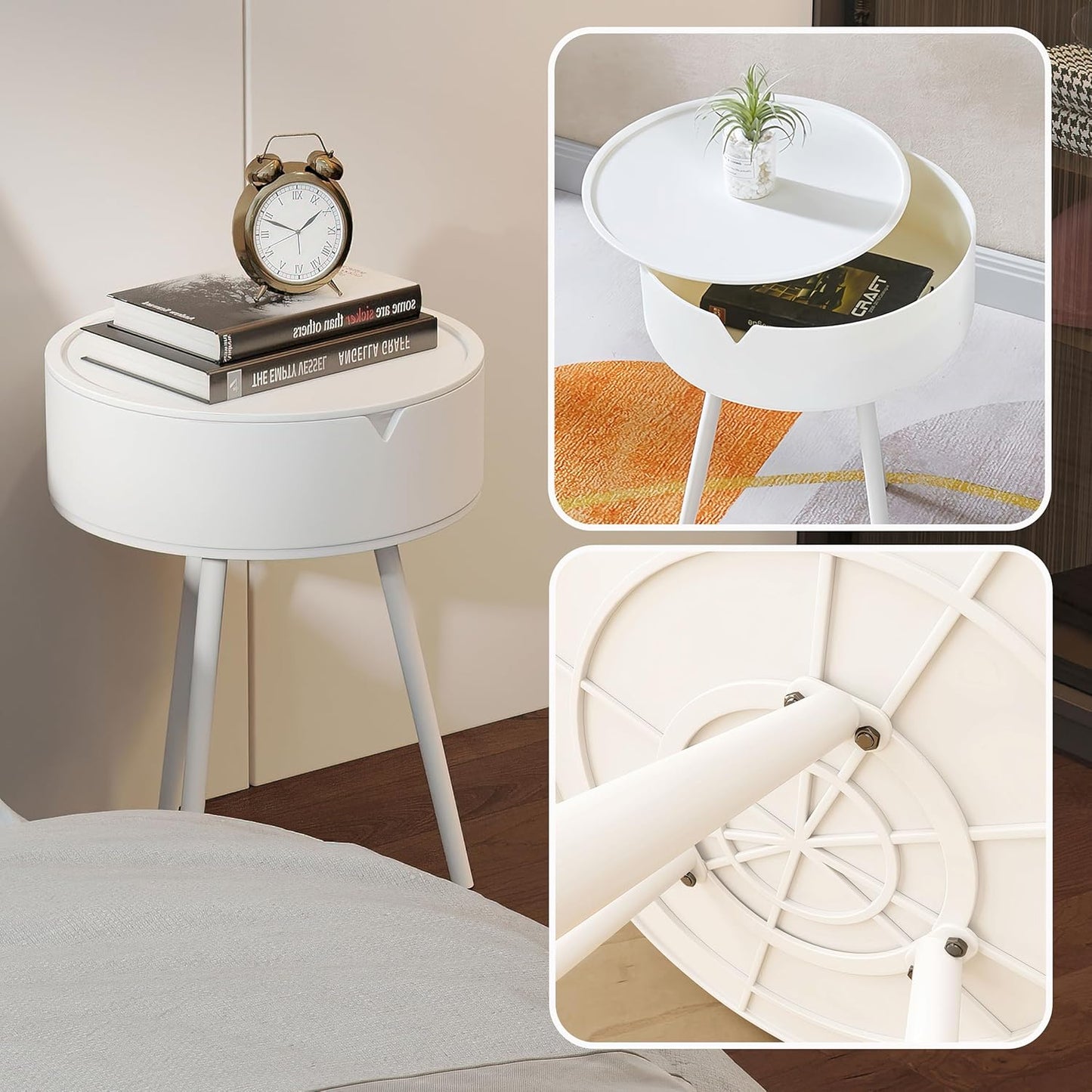XICEN Round End Table with Storage Modern Small Side White 40cm x 55cm DEMO