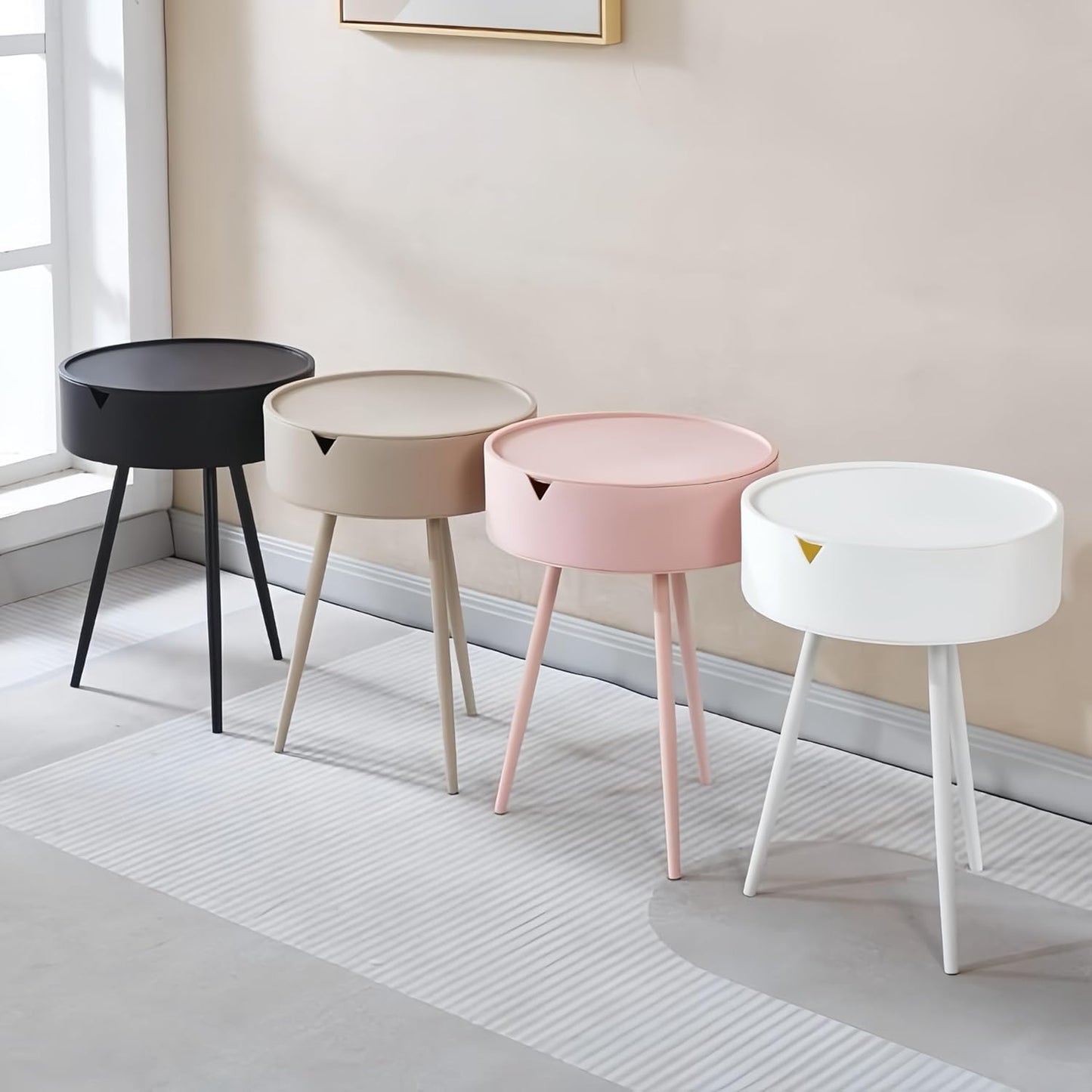 XICEN Round End Table with Storage Modern Small Side White 40cm x 55cm DEMO