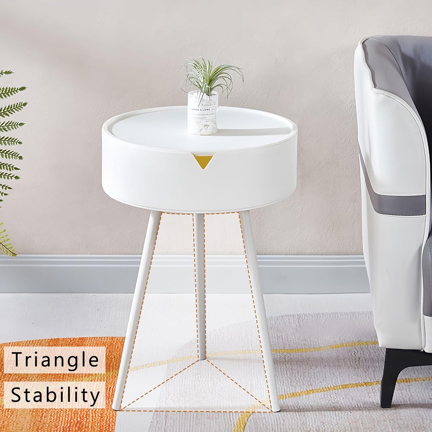 XICEN Round End Table with Storage Modern Small Side White 40cm x 55cm DEMO