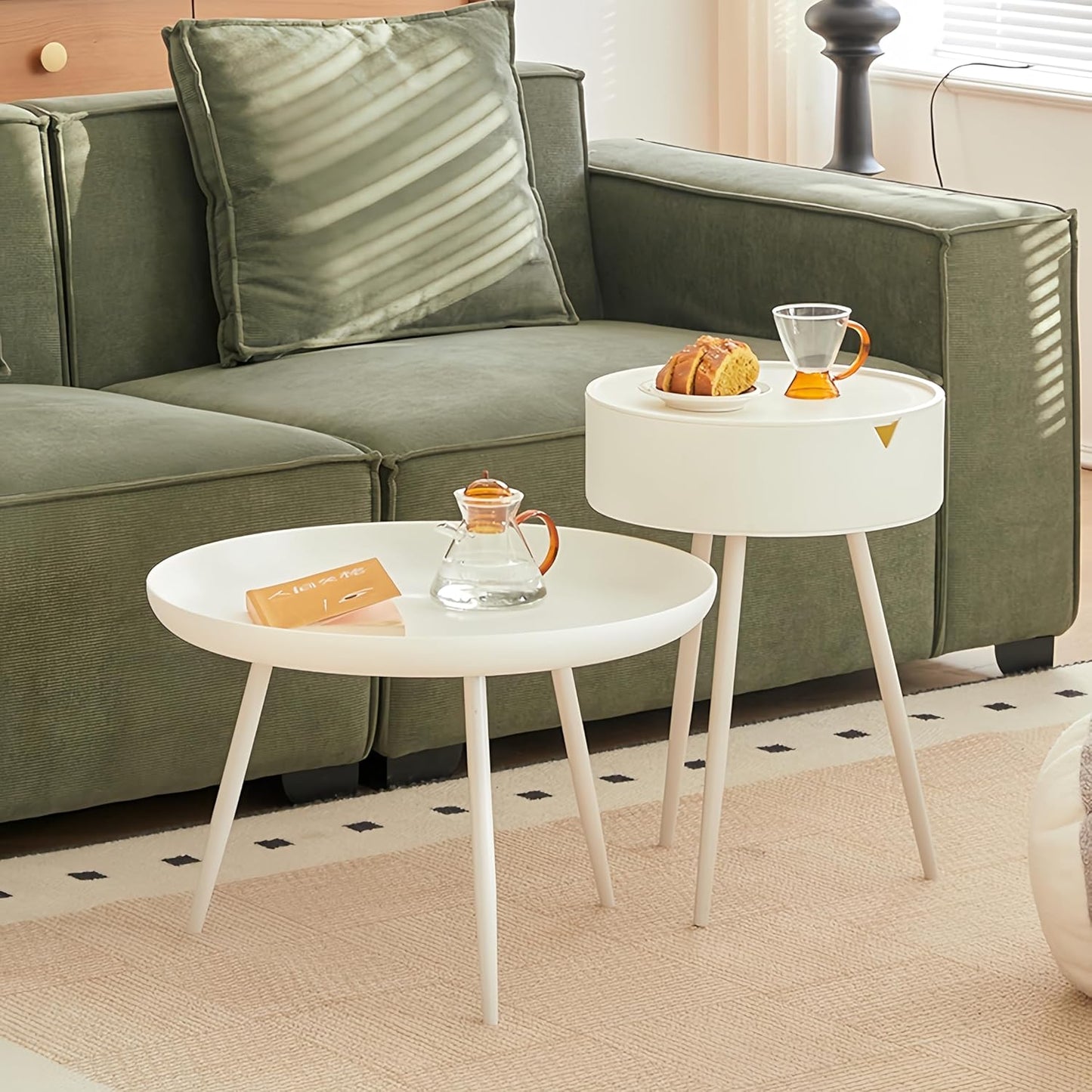 XICEN Round End Table with Storage Modern Small Side White 40cm x 55cm DEMO
