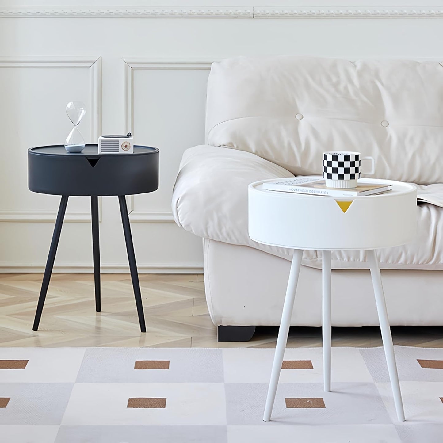 XICEN Round End Table with Storage Modern Small Side White 40cm x 55cm DEMO