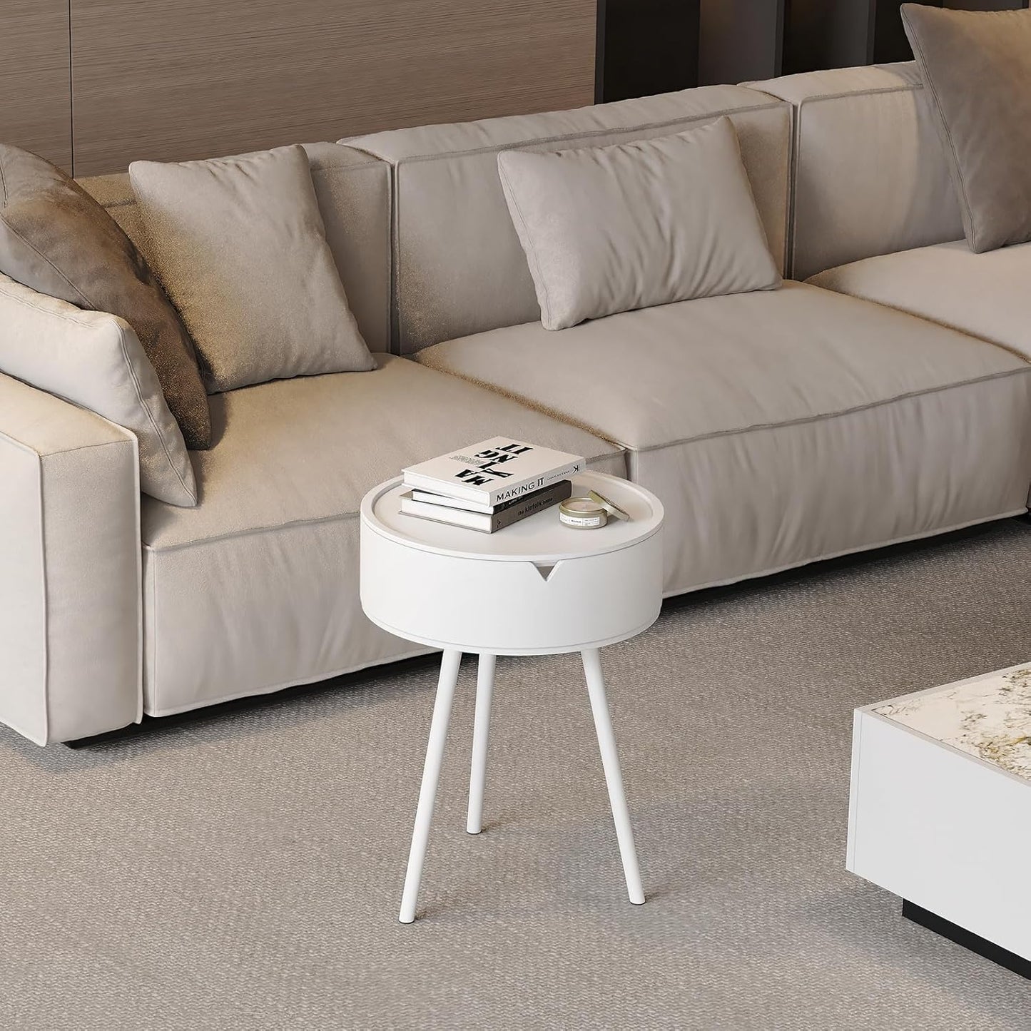 XICEN Round End Table with Storage Modern Small Side White 40cm x 55cm DEMO