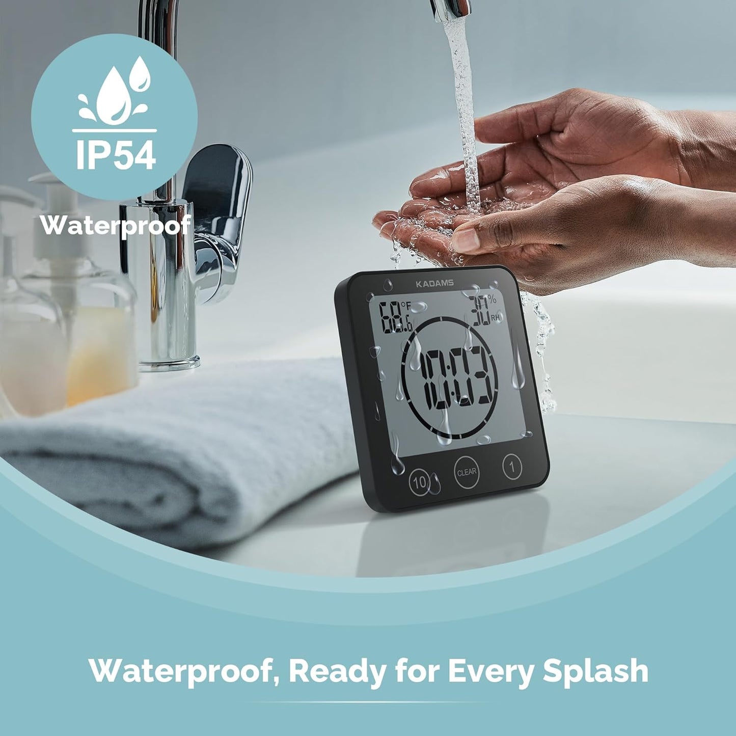 KADAMS Waterproof Bathroom Timer Wall Clock with Alarm Digital DEMO