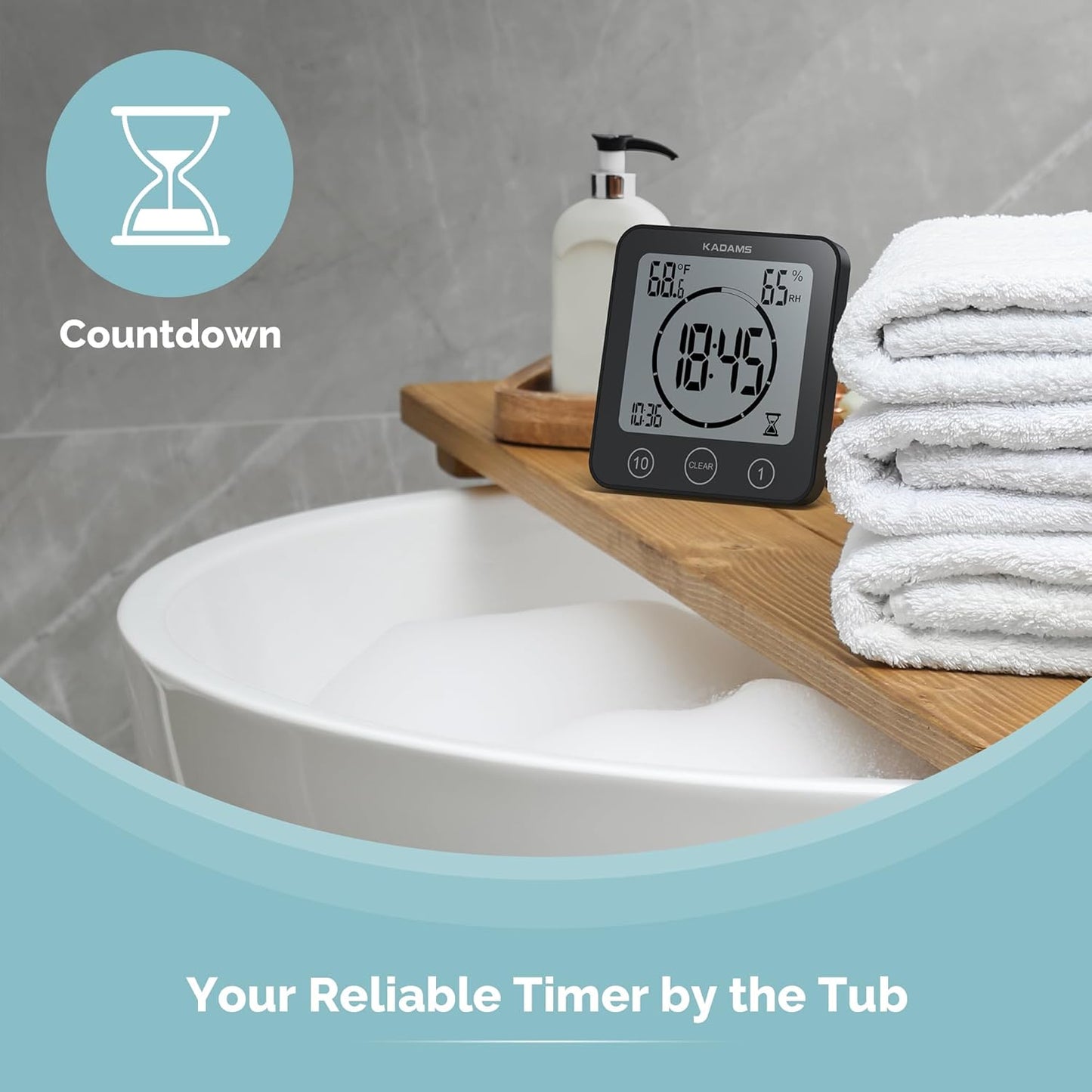 KADAMS Waterproof Bathroom Timer Wall Clock with Alarm Digital DEMO